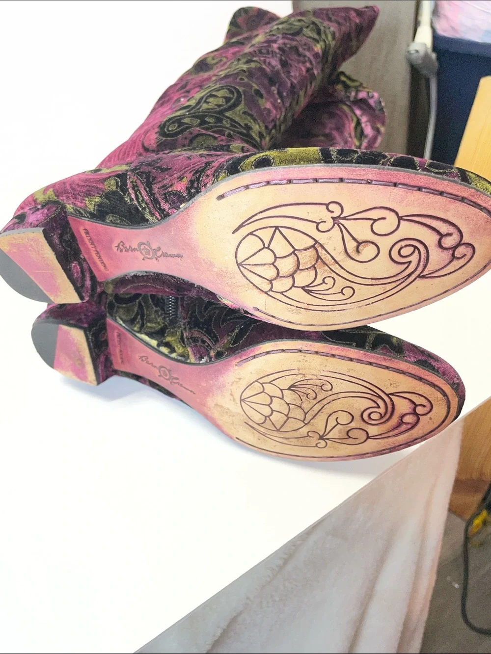 Born Pink Velvet Over-the-Knee Boots with Black and Gold Paisley